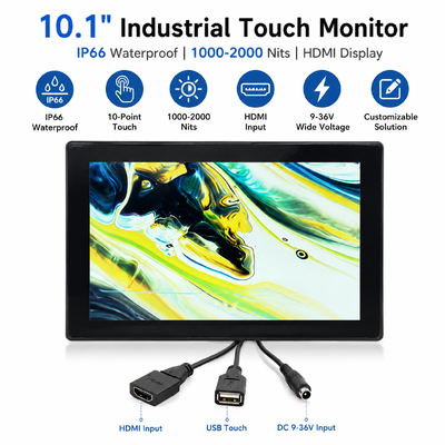 10.1 cala Przemysłowy Monitor dotykowy IP66 wodoodporny Wysoka jasność 1000-2000 Nits Wyświetlacz HDMI LCD